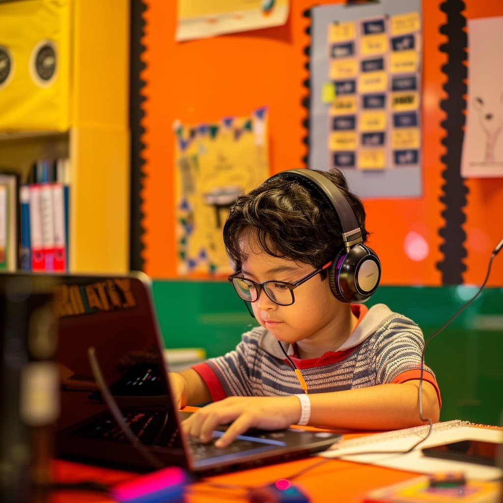 A student with headphones learning at a laptop in a bright classroom